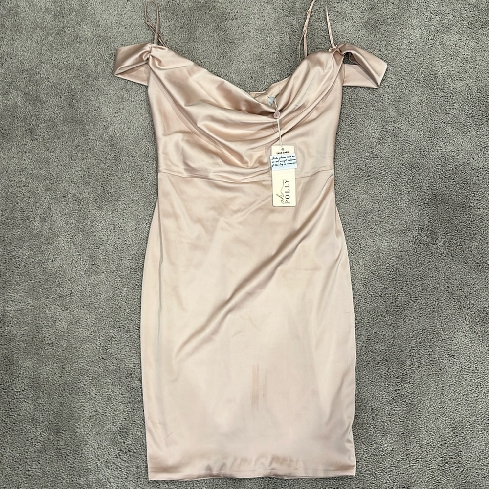 Oh Polly Blush Pink Satin Cowl Neck Off the Shoulder Midi Dress (8)